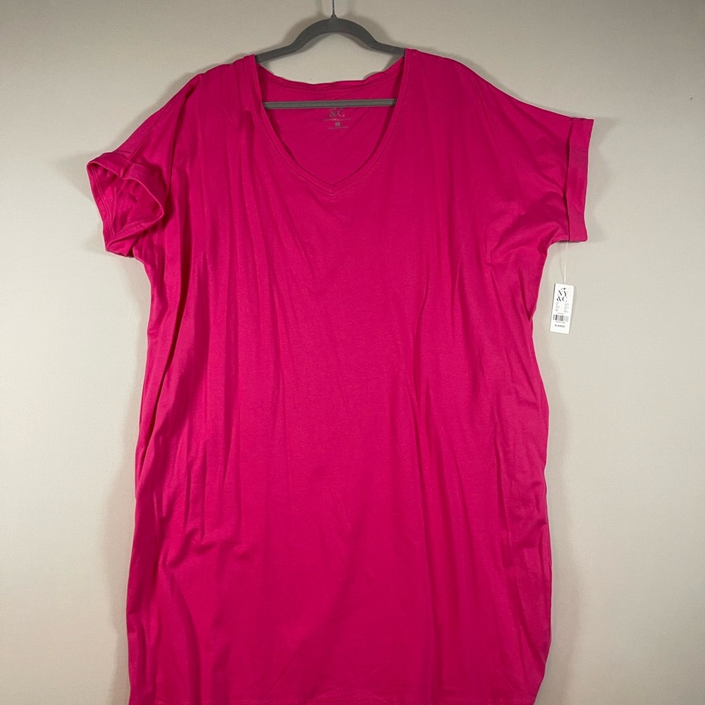 New York & Company Pink Oversized V-Neck Tee Dress